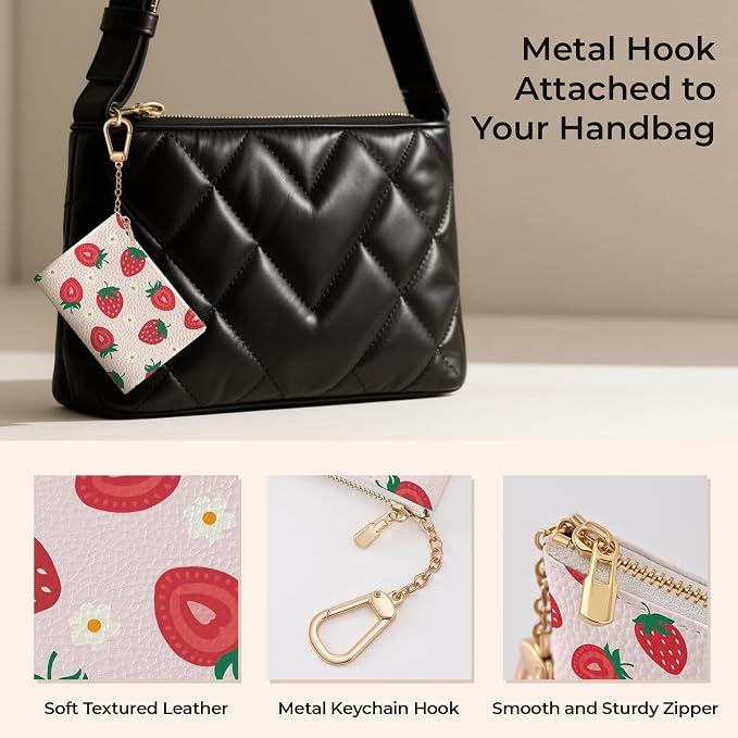 Strawberry Cute Keychain Coin Purse for Women, Small PU Leather Change Pouch, Zipper Little Tiny Travel Wallet for Girls, Cute Kawaii Zip Pocket Coin Holder with Key Ring