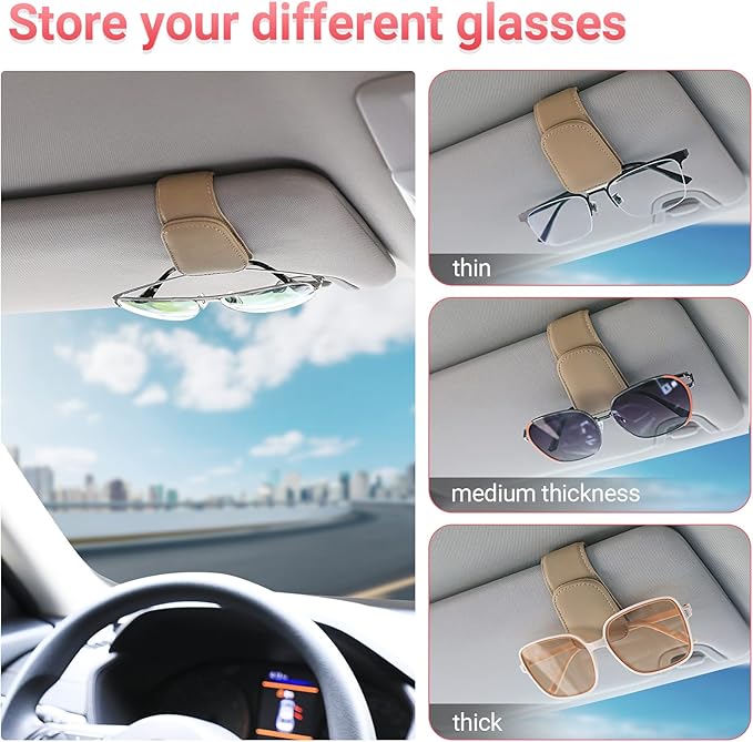 KanSmart Sunglass Holder for Car Visor Sunglasses Clip Magnetic Leather Glasses Eyeglass Holder Truck Car Interior Accessories Universal for Woman Man -Beige
