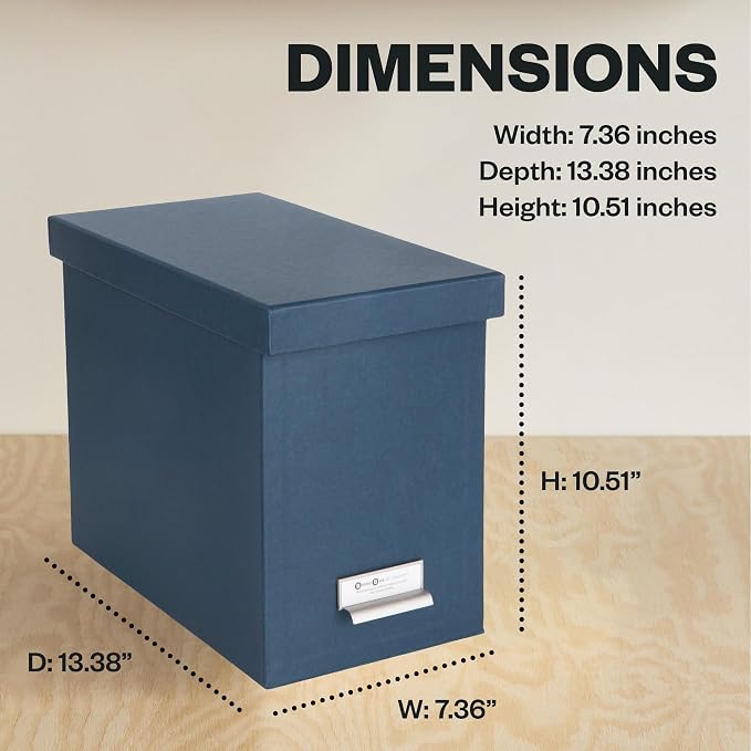 Bigso John Fiberboard Label Frame Desktop File Storage Box - Document Organizer for Important Paperwork - Durable Hanging File Box with a Lid & Metal Label Window - 7.36 x 13.38 x 10.51 in - Blue