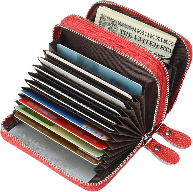 traderplus Women's RFID Blocking Leather Zipper Card Wallet Small Purse Credit Card Case Holder for Mother Day Gift (Red)