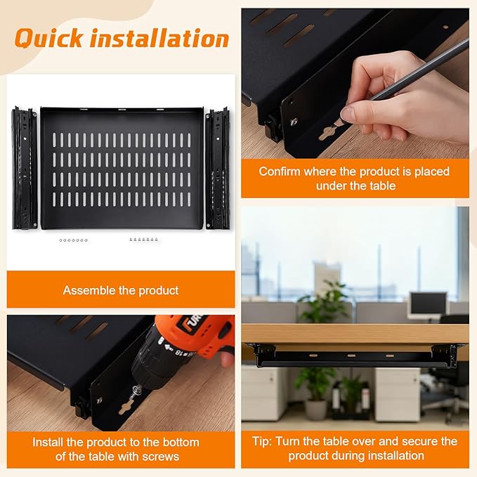 Sliding Under Desk Laptop Mount Shelf with Air Vents 16.3" W x 12" D Metal Under Desk Slide Out Tray Laptop Storage Tray for Home Office Standing Desks Workstations Cabinet Gaming