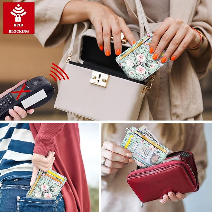 Coco Rossi Slim Front Pocket Wallet RFID ID Card Holder Cute Small Wallet with Keychian for Women,Green Flowers