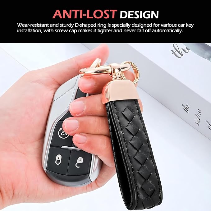 Car Keys Keychain, Leather Key Chain, Red Leather Wristlet Keychain with 2 Key Ring andAnti-Lost D-Ring, Keyfob holder for Women Men (Red)