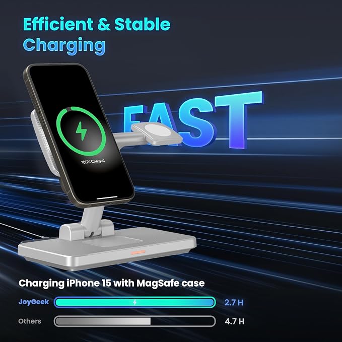 Magnetic 3 in 1 Wireless Station Foldable: JoyGeek MagSafe Charging Stand for iPhone 17 Air 16 Pro 15 Max, Apple Watch SE 2, AirPods Pro 3 (Gray)