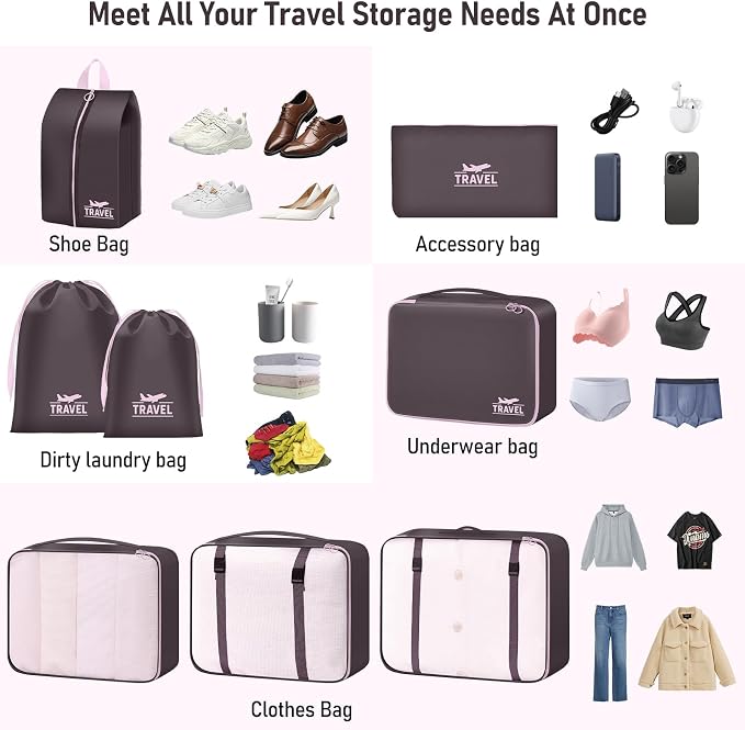 Packing Cubes for Travel - 8 Set Luggage Organizer Bags for Family, Mesh Breathable Packing Cubes for Suitcases Durable Travel Essentials Bags Set (Upgrade-Brown)