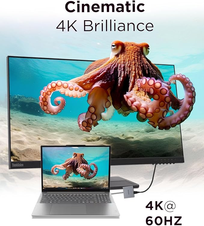 Lenovo USB-C 4 in 1 Travel Hub Block with Integrated Cable, 1x HDMI 4K @ 60Hz, 2X USB-A 3.2, 1x 3.5mm Combo, Luna Grey ??Portable, Compact, High-Speed Connectivity Laptops PC Gaming Console Charging