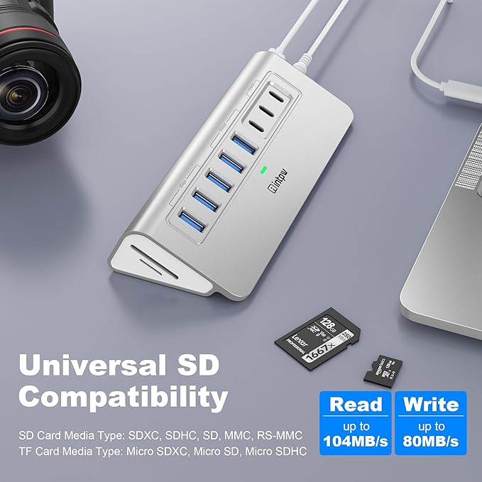 Powered USB Hub 10Gbps, intpw YH6AC Plus 10 Port USB 3.2 Hub(USB A/USB C 3.2+3 USB-A 3.0+2 PD 45W Fast Charging Ports+SD/TF Card Reader), 65W Power Adapter,Aluminum USB HUB for PC,Laptop,iPhone 17/16