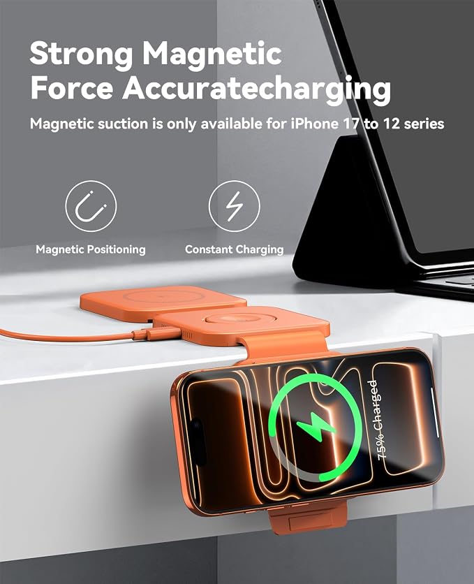3 in 1 Charging Station for Apple Multiple Devices, Foldable Magnetic Fast Wireless Charger Dock, Travel Charging Pad for iPhone 17 16 15 14 13 12 Pro Max Plus Apple Watch Series & AirPods Orange