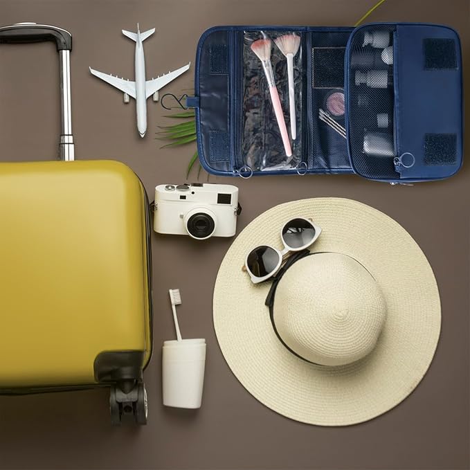 Foldable Hanging Travel Toiletry Bag,Waterproof Portable Travel Bags, Multifunction Travel Makeup Cosmetic Bag Organizer with Hanging Hook (Dark Blue)