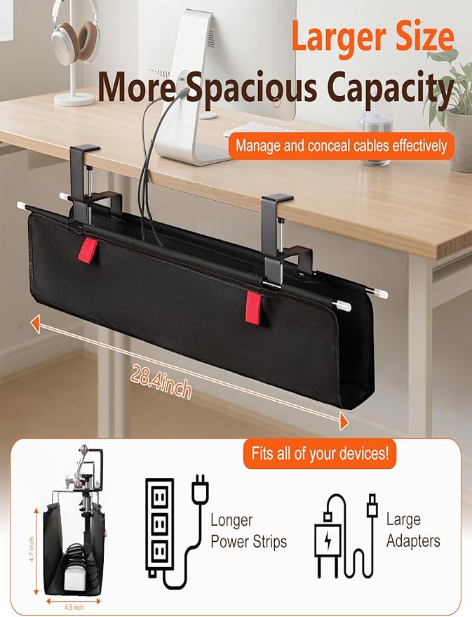 No Drill Under Desk Cable Management Tray - 28" Cord Management Under Desk - No Drill Needed - Easy Clamp - Premium Fabric Cable Management Tray for Office/Home