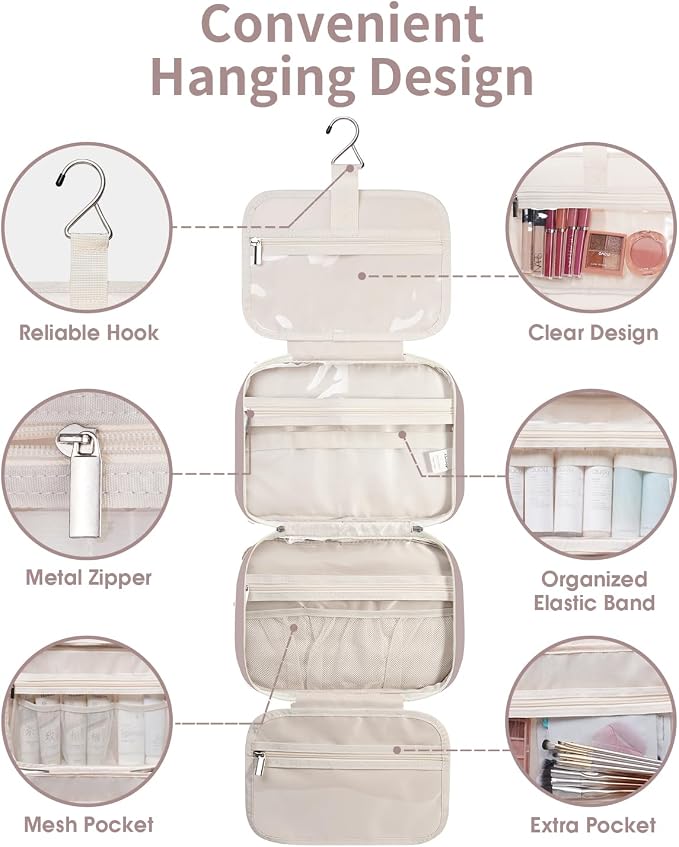 Narwey Travel Toiletry Bag for Women Large Hanging Makeup Bag Organizer Toiletries Bag for Full Size Essentials Accessories Cosmetics (Dusty Rose (Large))