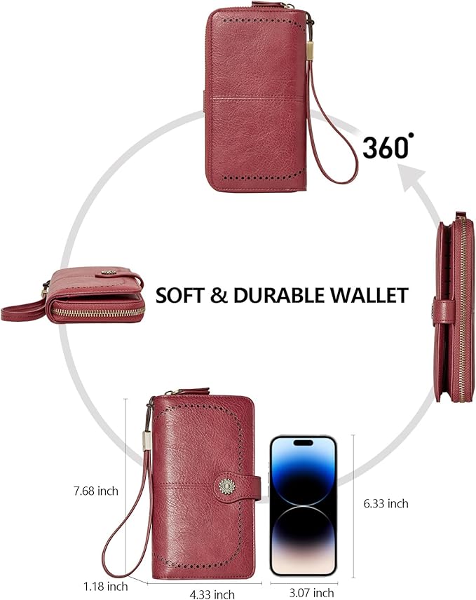TFKGS Wallet for Women RFID Blocking Leather Large Capacity Card Holder Ladies Phone Clutch Travel Long Purse Wristlet | RFID Blocking, Leather, Large Capacity, Ladies, Travel