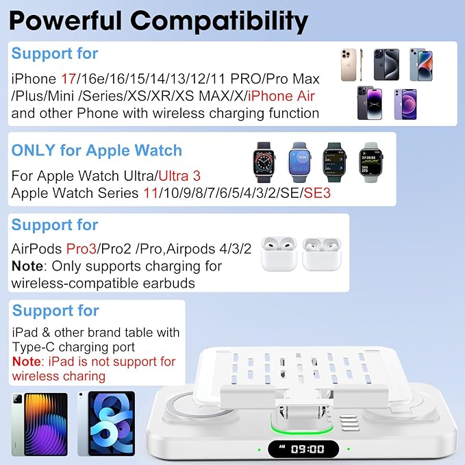6 in 1 Wireless Charger for Apple Multiple Devices, Charging Station with Clock &7 Color Ambient Light, Foldable Rotate Stand for iPad, for iPhone17/16/15, Support for Apple Watch11/10 For AirPods4
