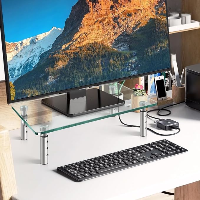 WKWKER Clear Glass Desk Stand 2 Pack Computer Monitor Riser with Height Adjustable Multi Media Monitor Stand Desktop Flat for Laptop TV Computer