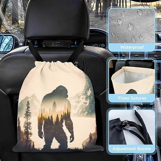 Bigfoot Mountains Forest Car Trash Bag - Waterproof Car Trash Bag Hanging Leakproof Car Garbage Bag - Washable Reusable Trash Bag For Car Interior Hanging Organizer Storage Vehicle Travelling Camping