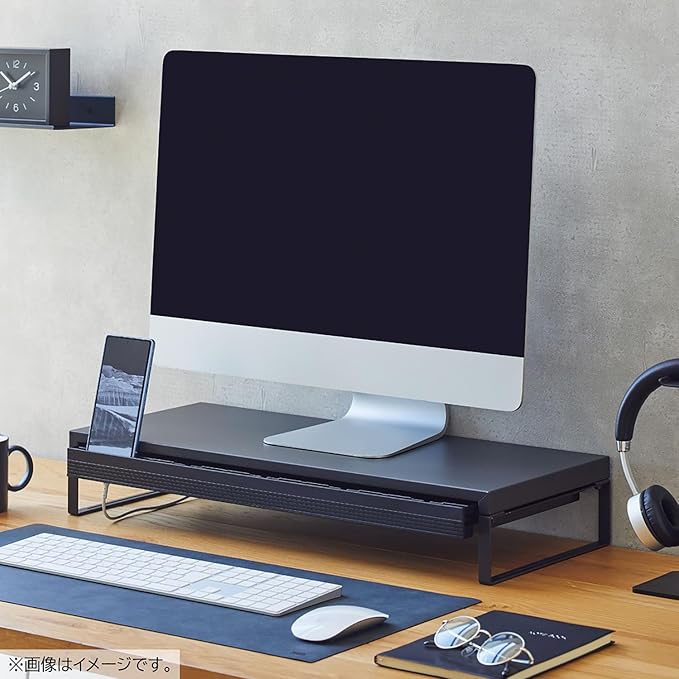 Lihit Lab A7338-124 Computer Stand, Monitor Stand, Desktop Stand, Width 23.2 inches (590 mm), With Drawer, Matte Black