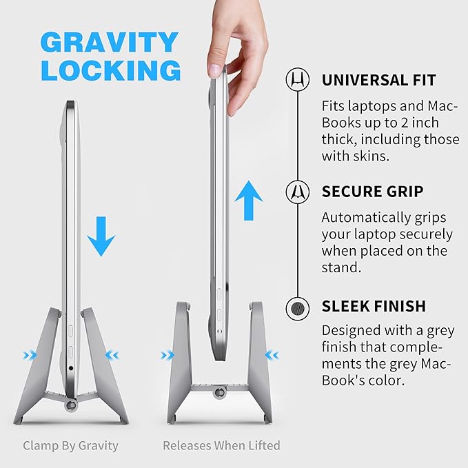 Vertical Laptop Stand with Gravity Locking – ABS Adjustable Laptop Holder Desktop Stand Compatible with MacBook, Surface, iPad, mini PC and More (Gray)