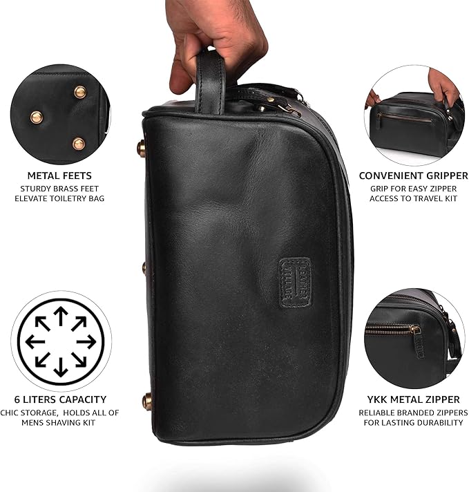 LEATHER VILLAGE Genuine Leather Toiletry Travel Bag With Waterproof Lining - Black | King-Size Handcrafted Vintage Dopp Kit Bag, Shaving & Bathroom Organizer, Gift for Men & Women