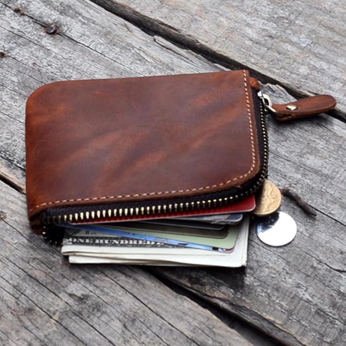 JJNUSA Genuine Leather Zipper Coin Purse Wallet With Key Car Smart Holder, Change Purse, Coin Pouch Holder For Men (Brown)