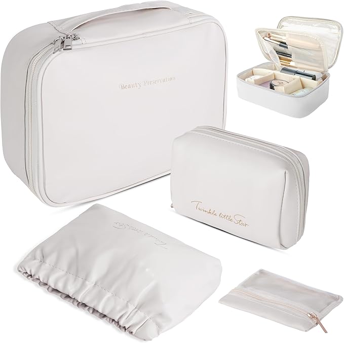 Travel Makeup Bags Set, 4 Pcs PU Leather Cosmetic Organizer Bag with Jewelry bag, Large Make Up Cosmetic Bag with Divider and Handle, Portable Travel waterproof Vanity Bag for Women Girl (Off-white)