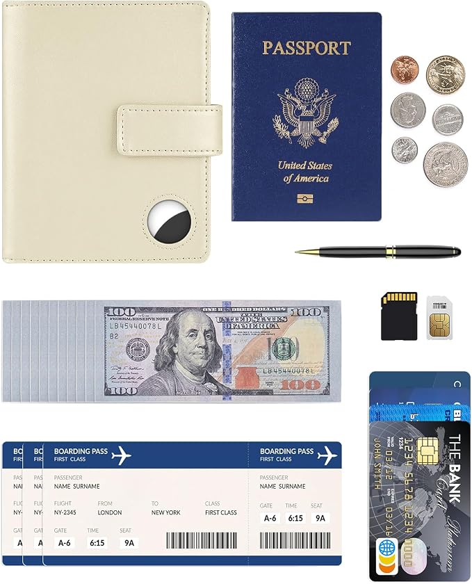 Passport Holder Wallet Cover Case for Women and Men,RFID Blocking,Passport Case with AirTag Slot,Travel Accessories (White)