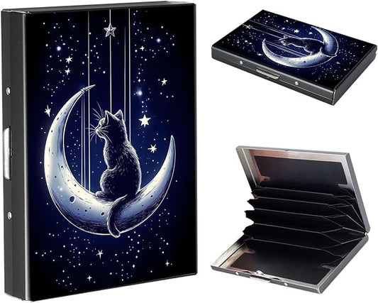 RFID Metal Wallet Credit Cards Holder Slim Mini Business Card Holder Metal ID Case Gift for Men Women,Black Cat Moon
