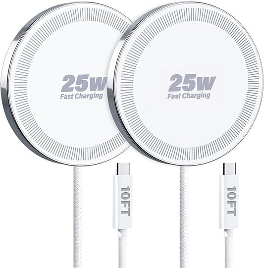 25W Wireless Charger for MagSafe, Magnetic Fast Charging Pad for iPhone 17/16/15/14/13/12 Series & AirPods, Strong Magnet, Portable Wireless Charger for Travel Home Office (White, 2Pack(10FT))