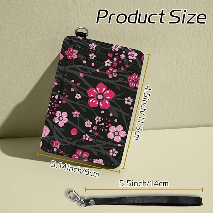 Small Travel Wallets, Pink Cherry Blossom Slim Minimalist Front Pocket Wallet with Wristlet, RFID Blocking PU Leather Credit Card Holder with ID Window Change Purse for Men Women