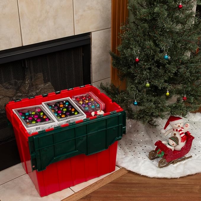 Akro-Mils KeepBox 18 Gallon Storage Container, Nesting and Stackable Plastic Storage Box with Lid Attached, Organizer Tote for Garages, Closets, and Moving, 21" x 15" x 17", Red/Green