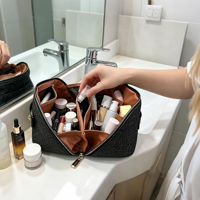 Travel Makeup Bag with Compartments & Organizers – Flat Open Cosmetic Pouch for Women, Purse-Style Design for Traveling, Perfect for Toiletries & Cosmetics Black