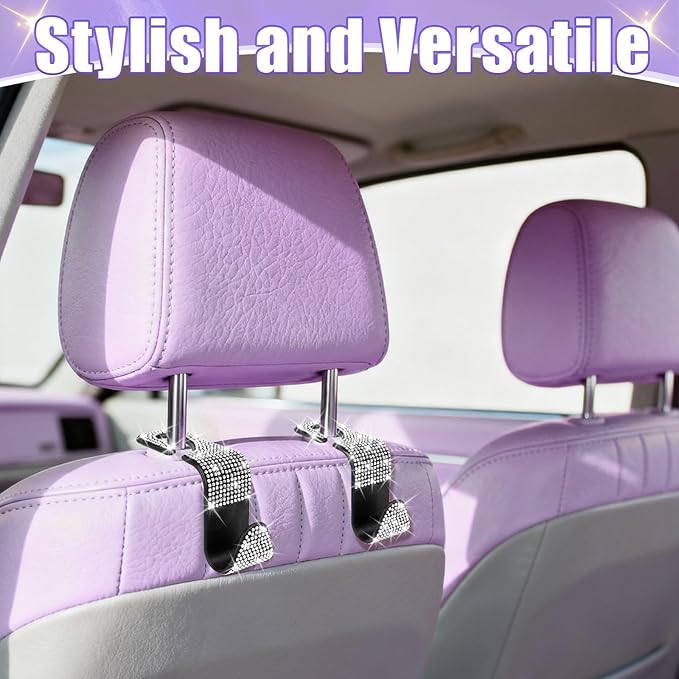 BFXM 6 Pack Bling Car Seat Headrest Hooks, Rhinestone Purse Hook for Car, Universal Storage Organizer for Handbag Grocery Bags Coats, Bling Car Accessories for Women (Bling White)