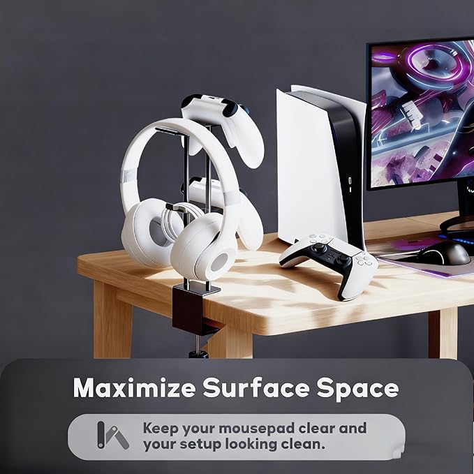 Headphone Stand with Controller Holder, Aluminum Under Desk Clamp Headset and Controller Stand - 2 in 1 Headphone Hanger for Desktop PC Gaming Accessories Organizer with PS5 Xbox Series S