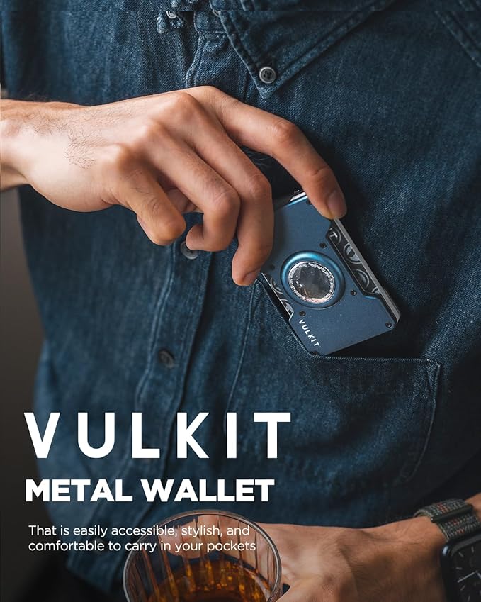 VULKIT Men's Metal Wallet with Money Clip, Slim Credit Card Holder with Airtag Holder, Minimalist Front Pocket Wallet for Men(Blue)