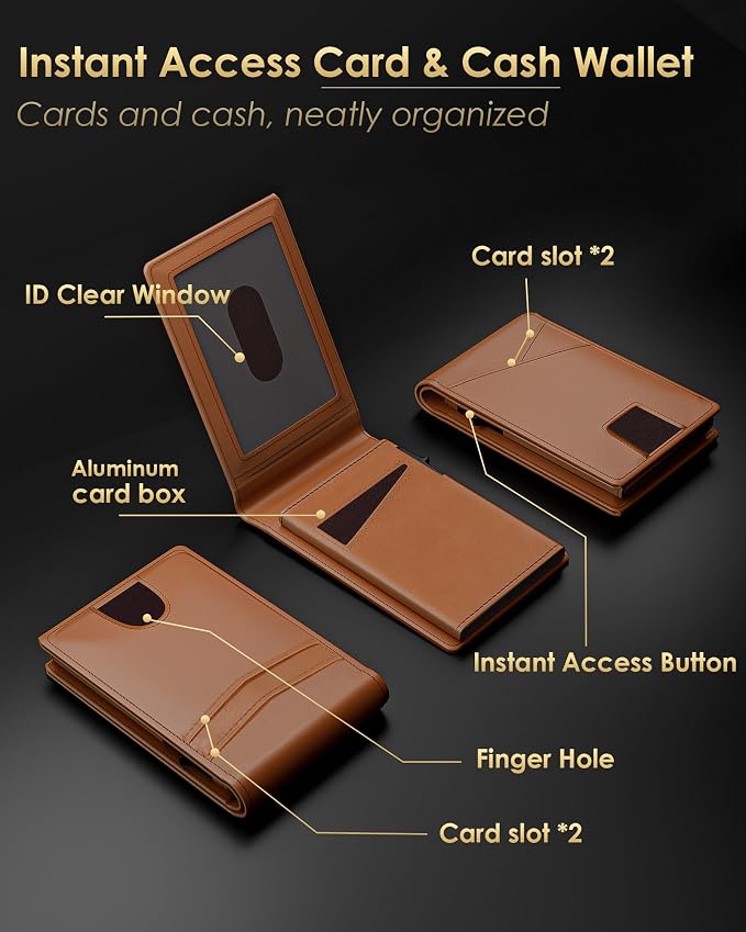 QLD 2026 Wallet for Men - RFID Blocking [Functional & Practical] Bifold Slim Minimalist Credit Card Holder Pop Up Wallet Metal Case with Cash Slot, Front Pocket with ID Window, Gift Boxed