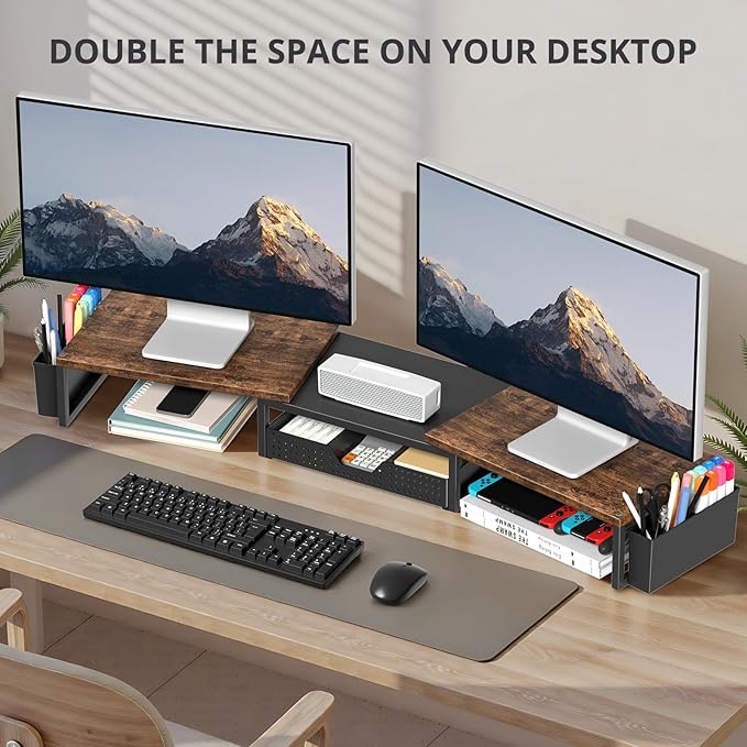 OPNICE Desk Organizers and Accessories, Dual Monitor Stand Riser with Drawer and 2 Pen Holders, Desk Shelf Wood Computer Racks for Office Workspace Organizers, Desktop Organization (Rustic Brown)