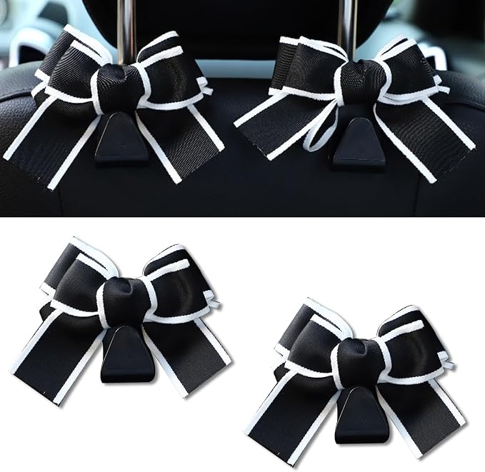 2PCS Car Seat Headrest Hooks, Cute Bow Vehicle Rear Seat Bracket Hook for Purses and Bags, Automotive Purse Hook Hanger, Universal for SUV, Sedan, Truck (Black+White)