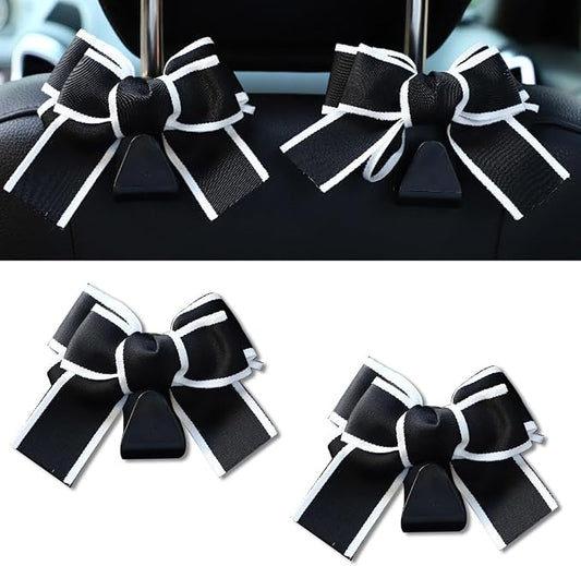2PCS Car Seat Headrest Hooks, Cute Bow Vehicle Rear Seat Bracket Hook for Purses and Bags, Automotive Purse Hook Hanger, Universal for SUV, Sedan, Truck (Black+White)