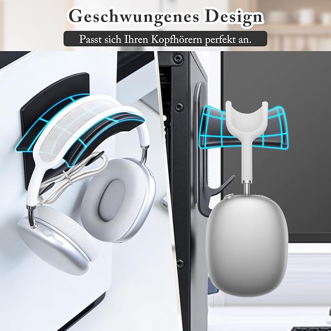 Headphone Stand Metal, Desk Headphone Hook Adhesive with Cable Clip,Aluminum Alloy Headset Stand for Desk,PC Gaming Headset Holder,Earphone Clamp for Airpods Max,HyperX,Sennheiser,Black