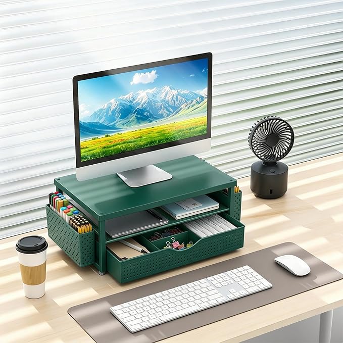 gianotter Desk Organizers and Accessories, Monitor Stand with Drawer and 2 Pen Holder, Desktop Organizer Suitable for Offices and Dormitories (Green-Plain)