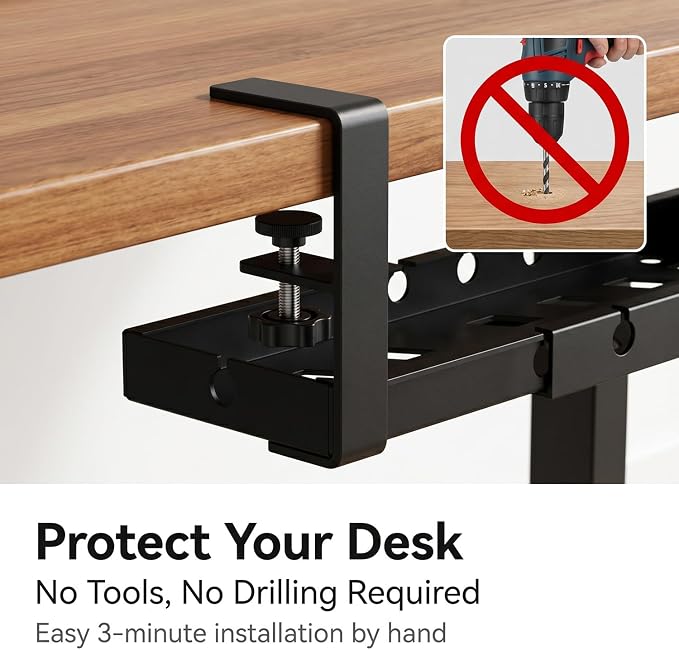 Under Desk Cable Management Tray, Adjustable 15.7"-29.1" Cable Management Tray, No-Drill Metal Cable Storage & Organizer for Home Office, Black