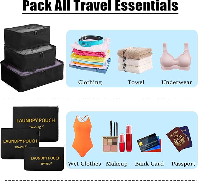 6 Set Packing Cubes for Travel Luggage Packing Bags Reusable Waterproof Suitcase Organizer Bags Set with Shoe Bag and Toiletry Bag (Black)
