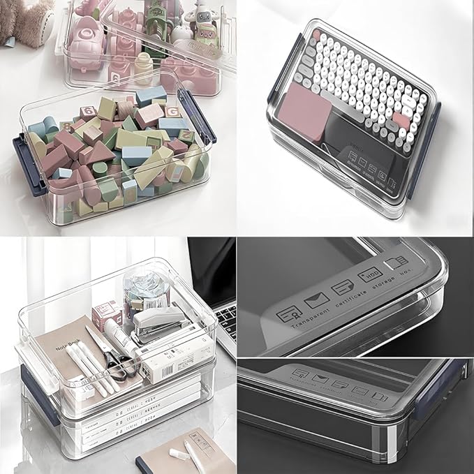 2 Pcs Plastic Portable Project Case, Clear Stackable Storage Boxes Organizer for A4 Files, Scrapbooks, Art Supplies (‎Blue Latch, Small)