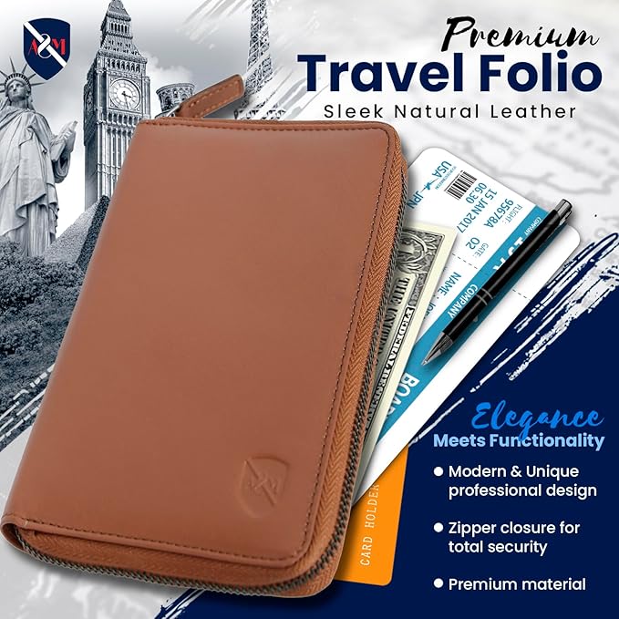 ALLEN & MATE 100% Leather Passport Holder for Travel RFID Blocking Passport Wallet for Men & Women - Zippered Compact Travel Document Organizer Fits Passport, Cash, Cards, SIM, ID and Tickets