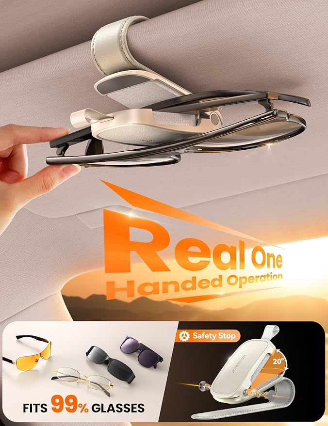 JOYROOM Sunglass Holder for Car Visor Sunglasses Holder Clip [Real One-Handed Operation] [Soft Foam Protection] [Non-Slip] Magnetic Leather Visor Organizer & Accessories Interior Gift for Women Men