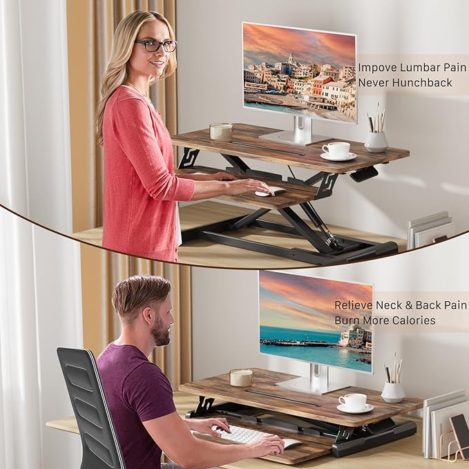 JOY worker Standing Desk Converter, 32" Wide Height Adjustable Sit Stand Up Desk Riser with Keyboard Tray, Desktop Workstation Riser for Home Office Computer Laptop, Particle Board, Rustic