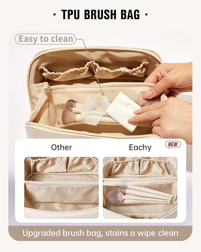 EACHY Travel Makeup Bag, Large Capacity Cosmetic Bag for Women, Waterproof PU Leather, Flat Open Portable Toiletry Bag for Skincare, Brushes & Travel Essentials