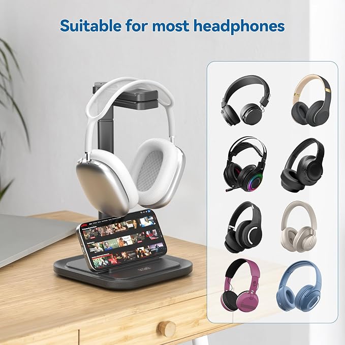 KDD Dual Headphone Stand for Desk - Rotatable Headset Hanger with Phone Holder - Removable Non-Slip Base for Gamers Desktop Accessories