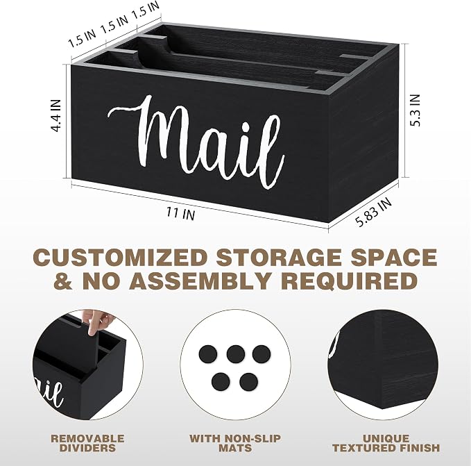 Mail Holder Countertop with 3-Slot, Mail Organizer for Desk with Removable Divider, Desktop Mail Basket Sorter Organizer, File Paper Letter Envelope Bill Holder for Office Home Entryway (Black)