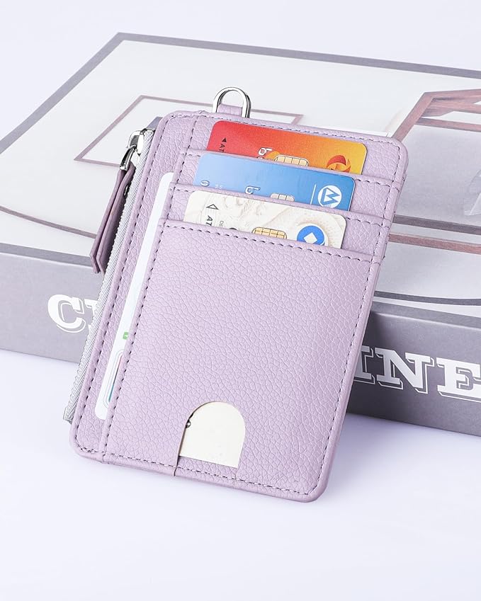 Teskyer Slim Card Holder Wallet with Zip Pocket, RFID Blocking, Total 9 Compartments Large Capacity, 3.5" x 4.7" (Slight Larger Than Usual), Faux Leather - Lilac