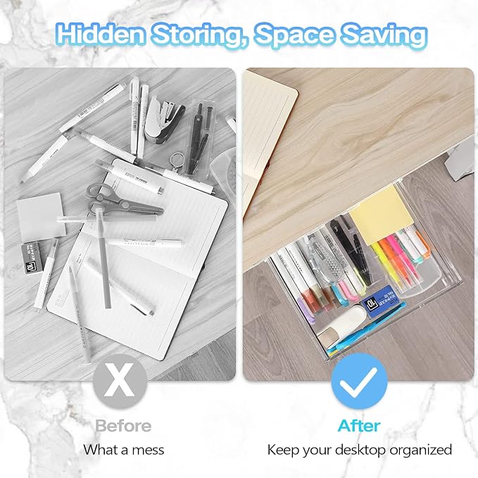 OSPNIEEK Self-adhesive Under Desk Drawer Organizer, 2 Pack Table Hidden Slide Out Large Storage Mounted Desktop Pencil Holder Tray Drawers for Office Home School Stationery Kitchen (Large, White)